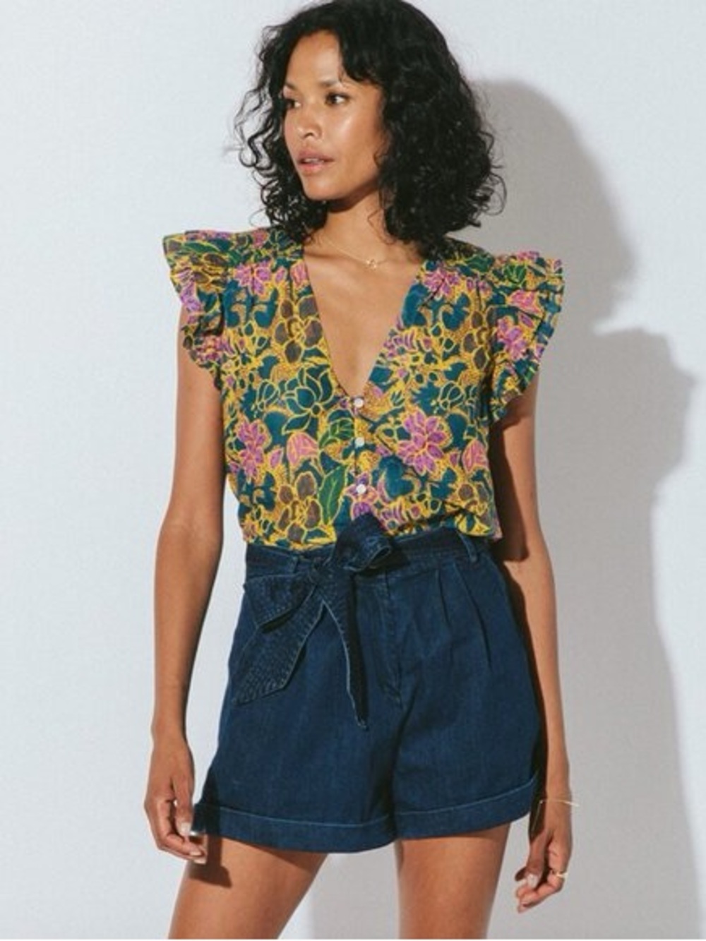 Cleobella Yellow Green Floral V-Neck Ruffle Sleeve Top